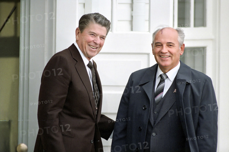 U.S. President Ronald Reagan with Soviet General Secretary Mikhail Gorbachev during arrival at Hofdi House, Reykjavik, Iceland, President Ronald Reagan White House Photographic Office, October 11, 1986