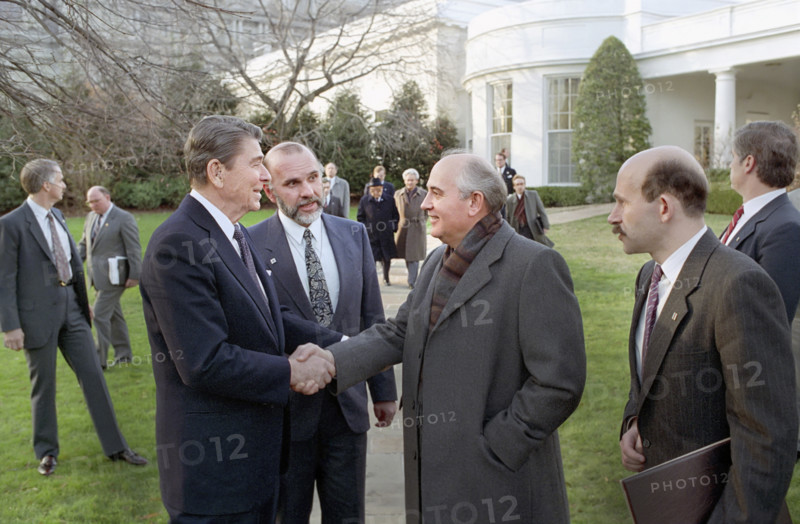 U.S. President Ronald Reagan and Soviet General Secretary Mikhail Gorbachev shaking hands on White House lawn after State Visit and signing of INF Treaty, Washington, D.C., USA, President Ronald Reagan White House Photographic Office, December 8, 1987