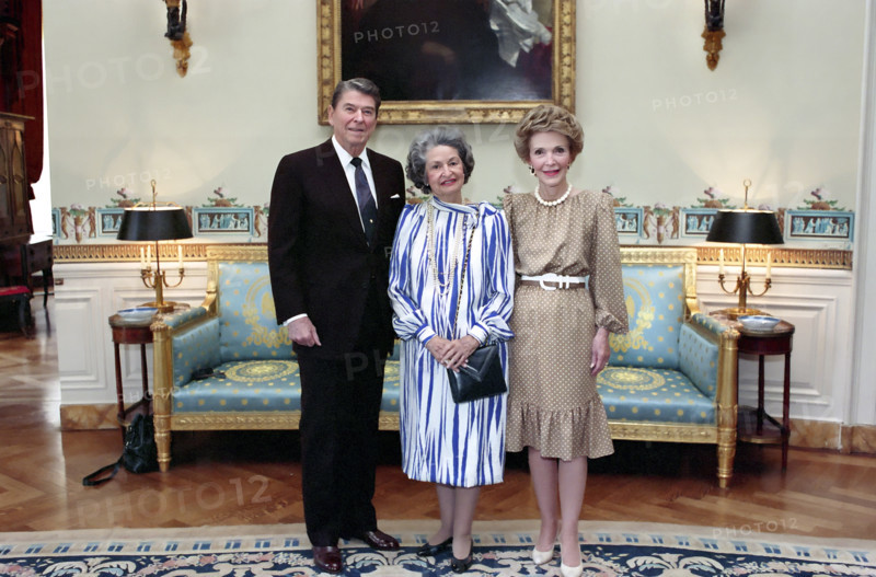 U.S. President Ronald Reagan and U.S. First Lady Nancy Reagan with former U.S. First Lady Claudia "Lady Bird" Johnson (center) during reception and presentation of Congressional Medal to Johnson, White House Blue Room, Washington, D.C., USA, President Ronald Reagan White House Photographic Office, April 28, 1988