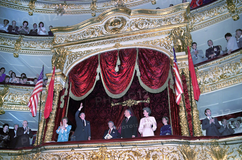 First Lady of the Soviet Union Raisa Gorbachev, U.S. President Ronald Reagan, Soviet General Secretary Mikhail Gorbachev and  U.S. First Lady Nancy Reagan, attending Bolshoi Ballet Theater during Moscow Summit, Moscow, Russia, USSR, President Ronald Reagan White House Photographic Office, June 1, 1988