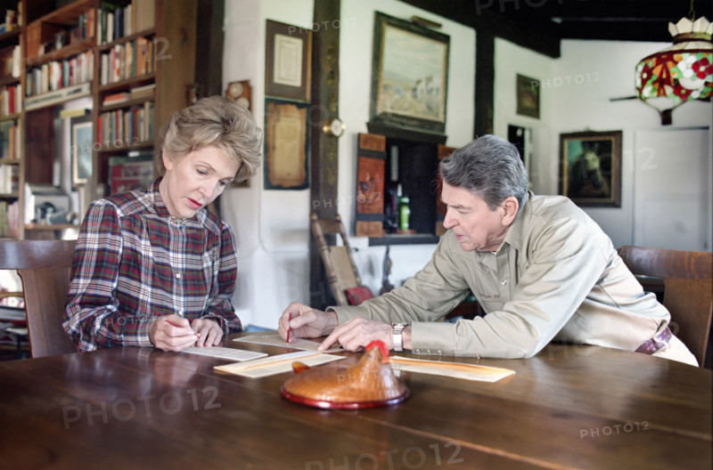 U.S. President Ronald Reagan and U.S. First Lady Nancy Reagan voting by absentee ballot in the 1988 U.S. presidential election, Rancho del Cielo, Santa Barbara, California, USA, President Ronald Reagan White House Photographic Office, October 29, 1988