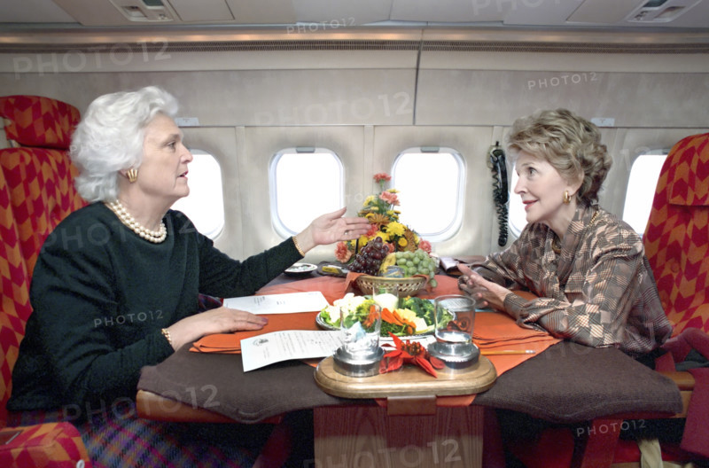 U.S. First Lady Nancy Reagan and U.S. Second Lady Barbara Bush on trip via First Lady airplane to Andrews Air Force Base, Prince George's County, Maryland, USA, President Ronald Reagan White House Photographic Office, December 7, 1988