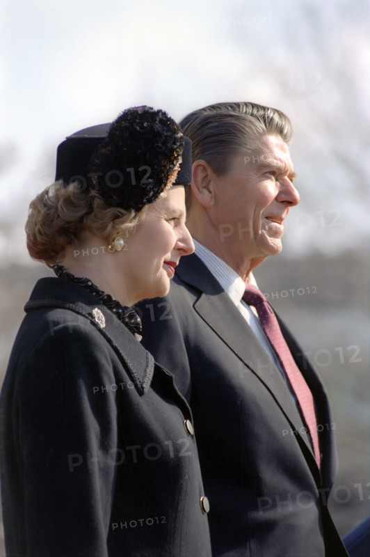 U.S. President Ronald Reagan and British Prime Minister Margaret Thatcher on White House South Lawn during her arrival ceremony, Washington, D.C., USA, President Ronald Reagan White House Photographic Office, February 26, 1981