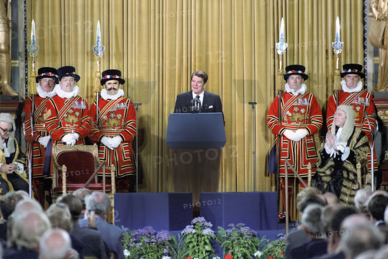 U.S. President Ronald Reagan addressing British Parliament, London, England, UK, President Ronald Reagan White House Photographic Office, June 8, 1982