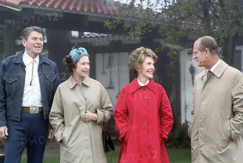 U.S. President Ronald Reagan, Queen Elizabeth II, U.S. First Lady Nancy Reagan and Prince Phillip during arrival for lunch, Rancho Del Cielo, Santa Barbara, California, USA, President Ronald Reagan White House Photographic Office, March 1, 1983