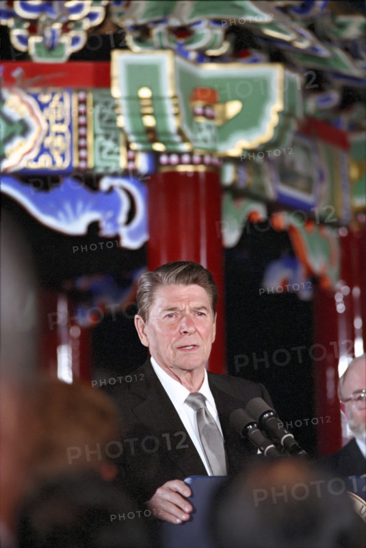 U.S. President Ronald Reagan delivering speech at reception for members of the American community, Great Wall Hotel,  Beijing, People's Republic of China, President Ronald Reagan White House Photographic Office, April 28, 1984