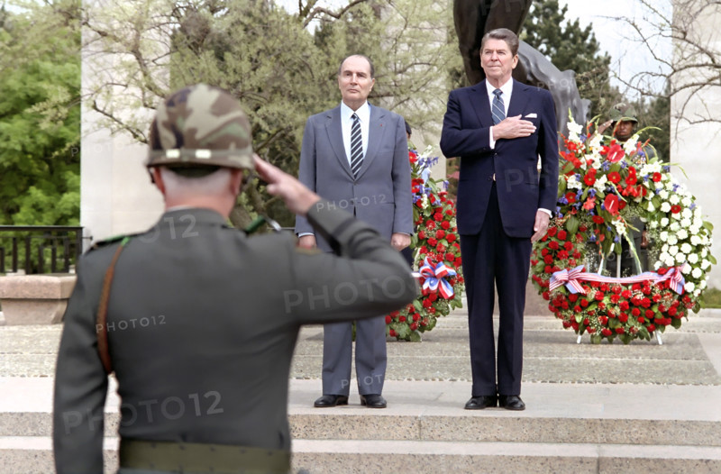 U.S. President Ronald Reagan and President of France Francois Mitterrand attending 40th Anniversary of D-Day landings Ceremony, Omaha Beach Cemetery, Colleville Sur Mer, Normandy, France, President Ronald Reagan White House Photographic Office, June 6, 1984