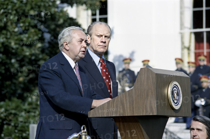 U.S. President Gerald R. Ford and Prime Minister Harold Wilson of Great Britain at arrival ceremony for the Prime Minister's sate visit, White House, Washington, D.C., USA, Gerald R. Ford White House Photographs, January 30, 1975
