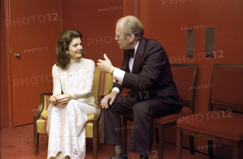 U.S. President Gerald R. Ford chatting with Jacqueline Kennedy Onassis at intermission reception during a Bicentennial Salute to the Performing Arts, John F. Kennedy Center for the Performing Arts, Washington, D.C., USA, Gerald R. Ford White House Photographs, January 25, 1976