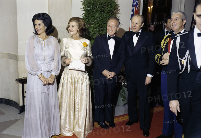 U.S. President Gerald R. Ford, U.S. First Lady Betty Ford, and Prime Minister and Mrs. Yitzhak Rabin of Israel standing in White House Cross Hall after receiving after-dinner guests at state dinner honoring Prime Minister Rabin, Washington, D.C., USA, Gerald R. Ford White House Photographs, January 27, 1976