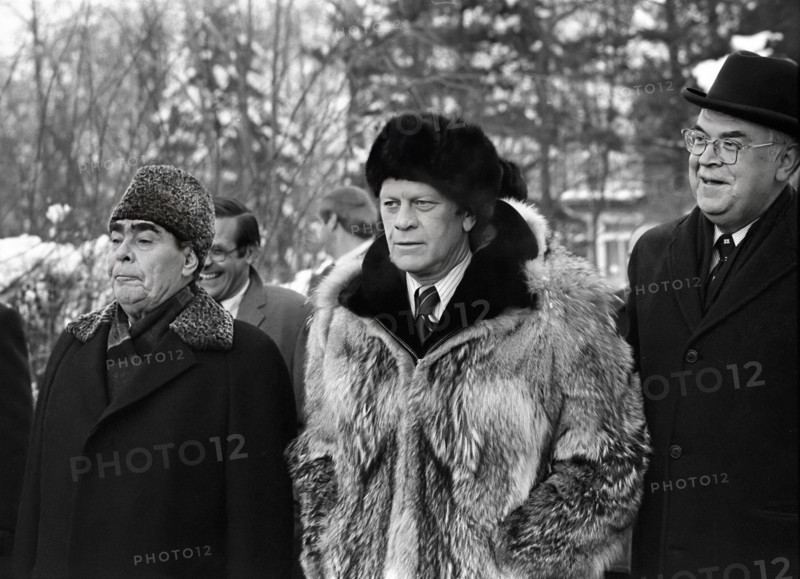U.S. President Gerald R. Ford and Soviet Union General Secretary Leonid Brezhnev depart Okeansky Sanatorium after signing Joint Communique on the Limitation of Strategic Offensive Arms, Vladivostok, USSR, Gerald R. Ford White House Photographs, November 24, 1974