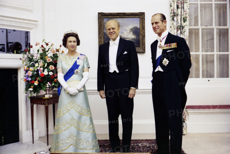 Queen Elizabeth II, U.S. President Gerald R. Ford, and Prince Philip at the British Embassy for a reciprocal State Dinner hosted by the Queen, Washington, D.C., USA, Gerald R. Ford White House Photographs, July 8, 1976
