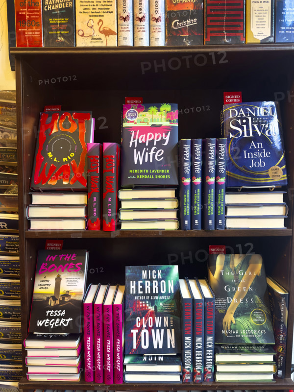 Hard cover books on display, Mysterious Book Shop, Tribeca, Manhattan, New York City, New York, USA