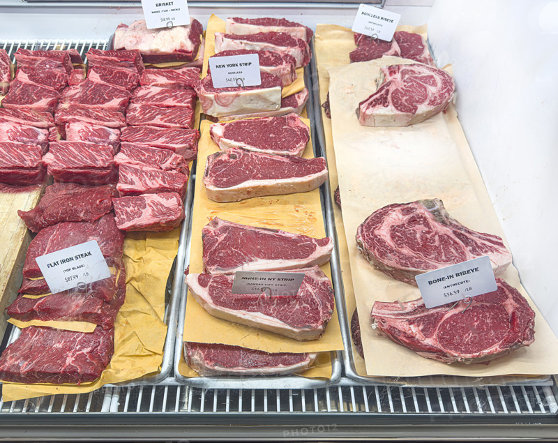 Raw meat display case, Dickson's Farmstand Meats, Chelsea Market, Chelsea, Manhattan, New York City, New York, USA