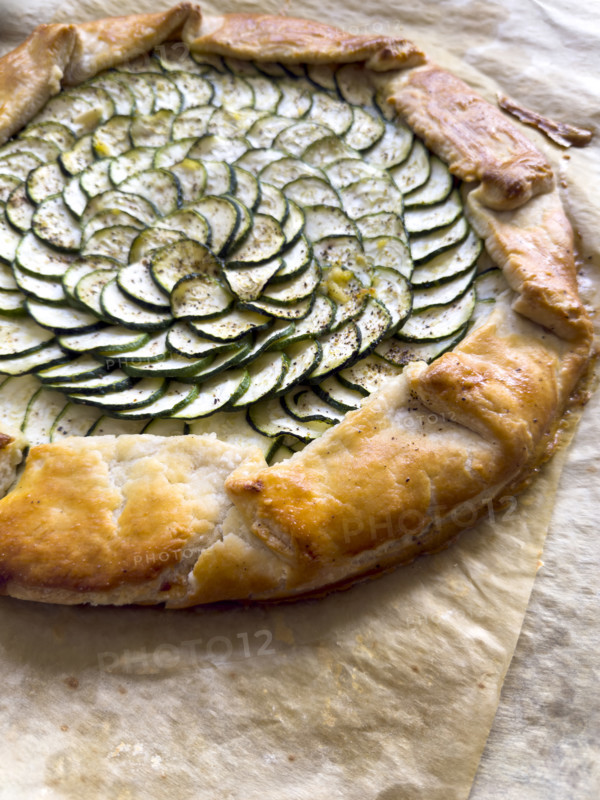 High angle view of zucchini and ricotta galette