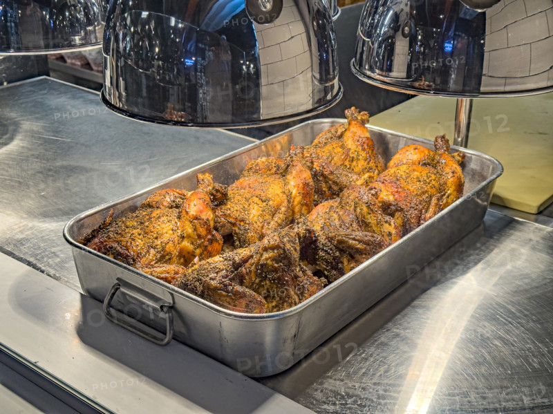 Herb-rubbed rotisserie chickens on display, Dickson's Farmstand Meats, Chelsea Market, Chelsea, Manhattan, New York City, New York, USA