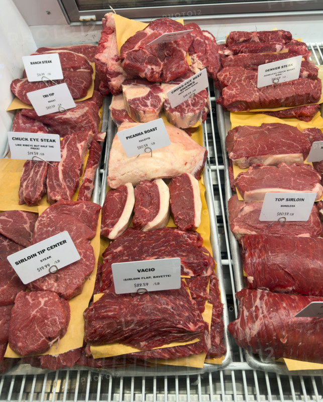 Raw meat display case, Dickson's Farmstand Meats, Chelsea Market, Chelsea, Manhattan, New York City, New York, USA