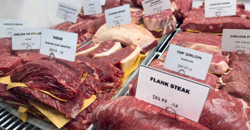 Raw meat display case, Dickson's Farmstand Meats, Chelsea Market, Chelsea, Manhattan, New York City, New York, USA