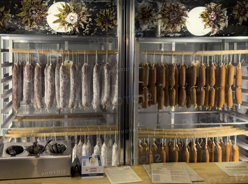 Dried meats hanging in display case, Dickson's Farmstand Meats, Chelsea Market, Chelsea, Manhattan, New York City, New York, USA