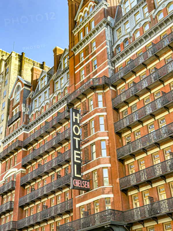 Hotel Chelsea luxury hotel and residential apartment building, building exterior, 222 West 23rd Street, Chelsea, Manhattan, New York City, New York, USA