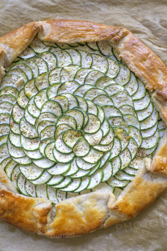 High angle view of zucchini and ricotta galette