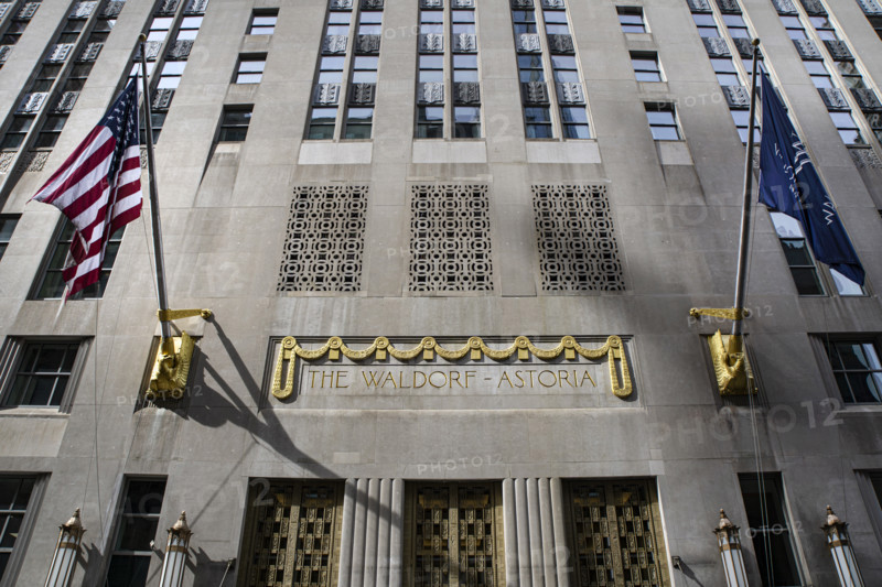 The Waldorf Astoria, luxury hotel and condominium residence, building exterior detail, Lexington Avenue, Manhattan, New York City, New York, USA