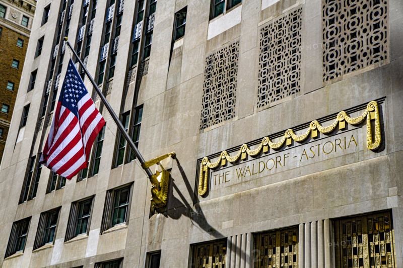 The Waldorf Astoria, luxury hotel and condominium residence, building exterior detail, Lexington Avenue, Manhattan, New York City, New York, USA