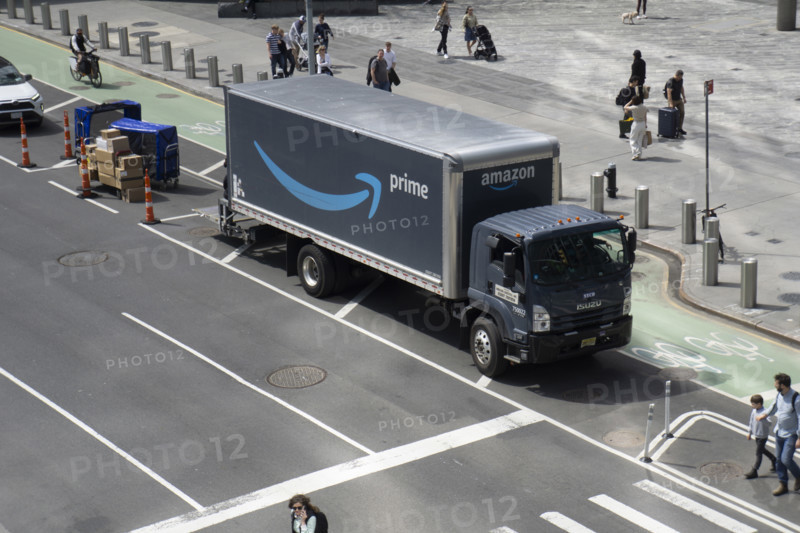 Amazon Prime delivery truck parked on urban street, Hudson Yards, Manhattan, New York City, New York, USA