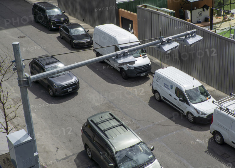 High angle view of congestion pricing scanners and urban street scene, Hudson Yards, New York City, New York, USA