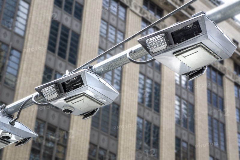 Low angle view of congestion pricing scanners, Hudson Yards, New York City, New York, USA