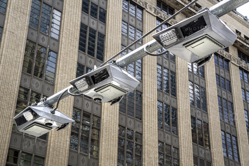Low angle view of congestion pricing scanners, Hudson Yards, New York City, New York, USA