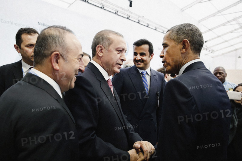 U.S. President Barack Obama talking with President Recep Tayyip Erdogan of Turkey after opening ceremony of United Nations Framework Convention on Climate Change (COP21), Parc des Expositions du Bourget, Le Bourget, Paris, France, Pete Souza, Office of White House Photography, November 30, 2015