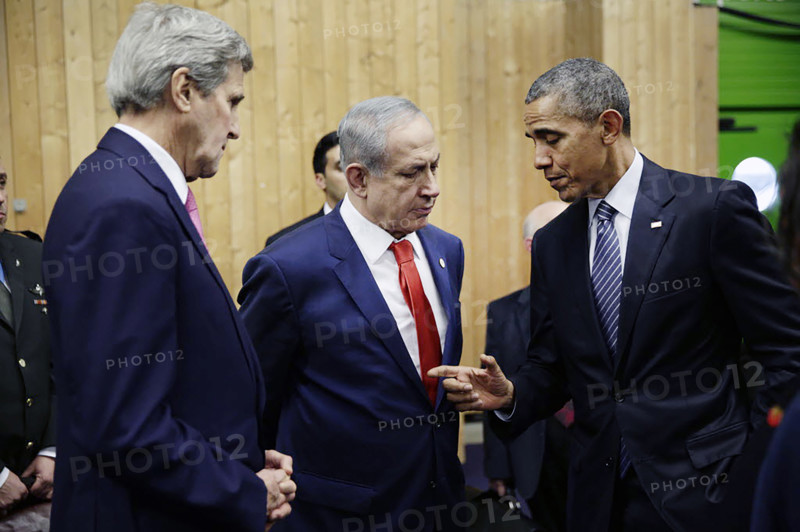 U.S. President Barack Obama with Prime Minister Benjamin Netanyahu of Israel, and U.S. Secretary of State John Kerry following opening ceremony of 21st Conference of the Parties to the United Nations Framework Convention on Climate Change (COP21), Parc des Expositions du Bourget, Le Bourget, Paris, France, Pete Souza, Office of White House Photography, November 30, 2015