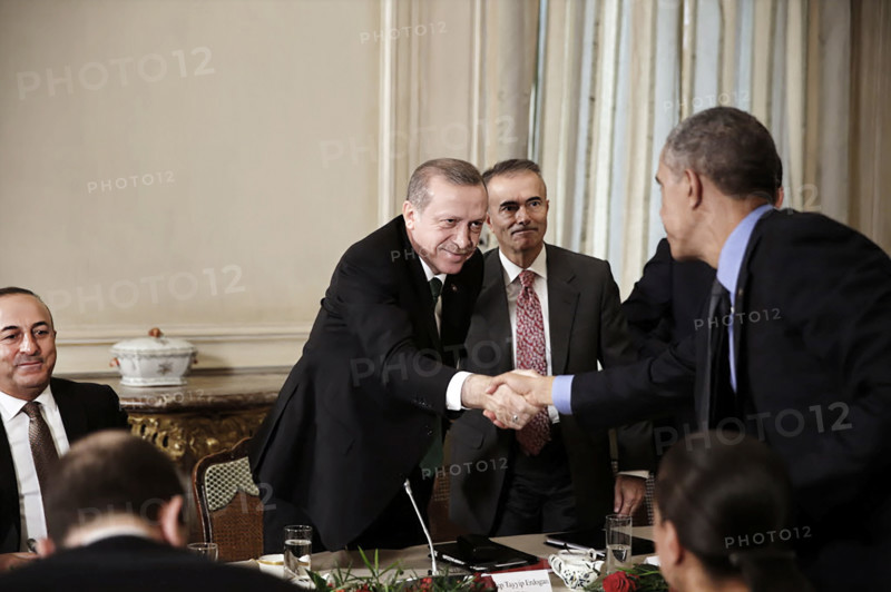 U.S. President Barack Obama shaking hands with President Recep Tayyip Erdogan of Turkey during bilateral meeting, U.S. Chief of Mission's Residence, Paris, France, Pete Souza, Office of White House Photography, December 1, 2015