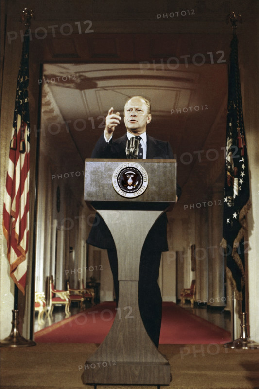U.S. President Gerald R. Ford standing at lectern during first press conference, White House East Room, Washington, D.C., USA, Gerald R. Ford White House Photographs, August 28, 1974