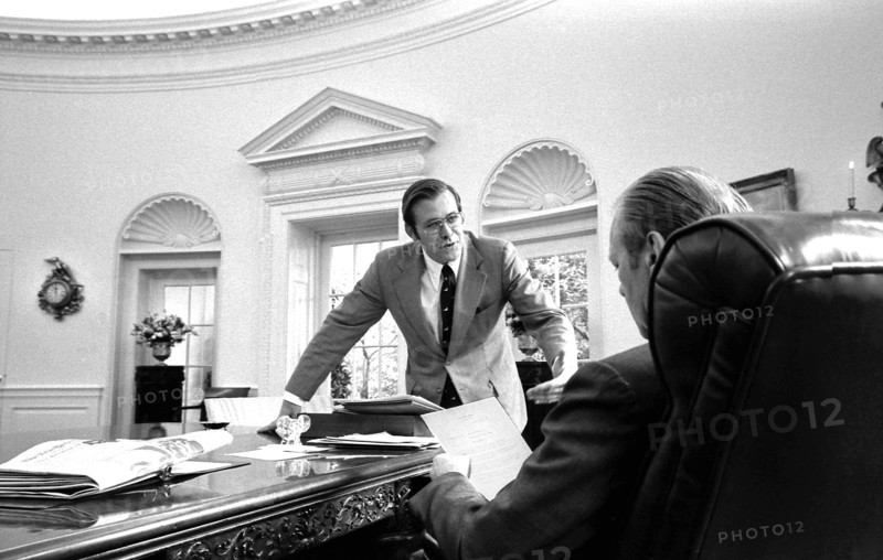 U.S. President Gerald R. Ford and U.S. Chief of Staff Donald Rumsfeld in White House Oval Office, Washington, D.C., USA, Gerald R. Ford White House Photographs, September 29, 1974