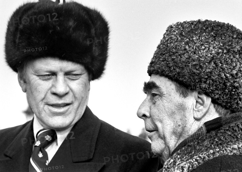 President Gerald R. Ford with Soviet General Secretary Leonid Brezhnev upon Ford's Arrival at Vozdvizhenka Air Base, near Vladivostok, U.S.S.R., Gerald R. Ford White House Photographs, November 24, 1974