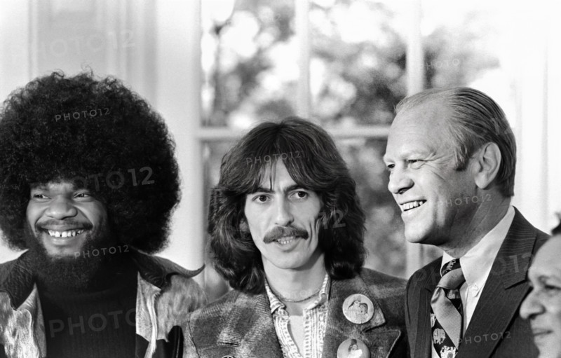 U.S. President Gerald R. Ford with American musician Billy Preston and English musician George Harrison in White House Oval Office, Washington, D.C., USA, Gerald R. Ford White House Photographs, December 13, 1974