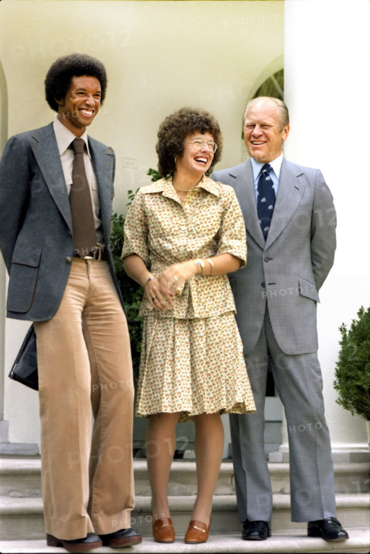 American tennis players Arthur Ashe and Billie Jean King meeting with U.S. President Gerald R. Ford, White House, Washington, D.C., USA, Gerald R. Ford White House Photographs, July 21, 1975