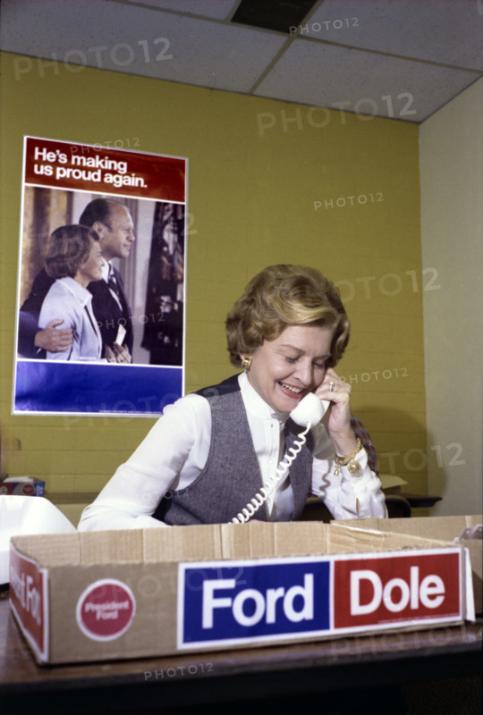 U.S. First Lady Betty Ford talking on telephone during visit to Ford Campaign Phone Bank, Downey, California, USA, Gerald R. Ford White House Photographs, October 19, 1976