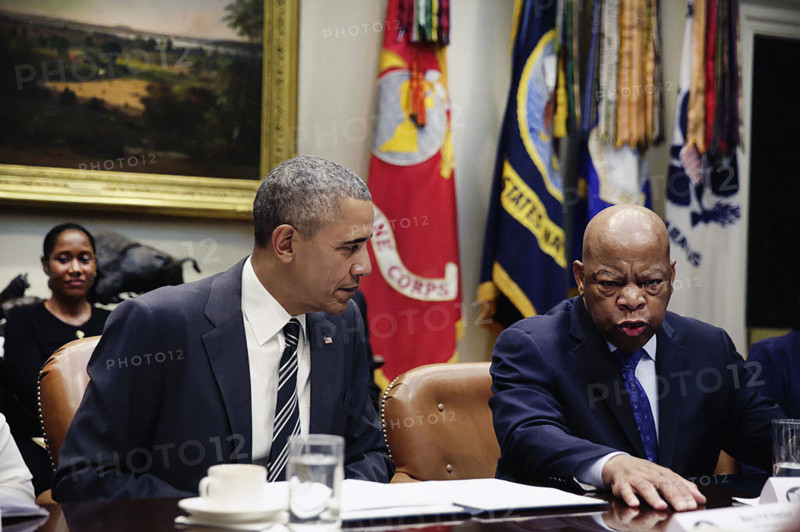 U.S. President Barack Obama with U.S. Congressman John Lewis during meeting with civil rights leaders in White House Roosevelt Room, Washington, D.C., USA, Pete Souza, Office of White House Photography Office, February 18, 2016