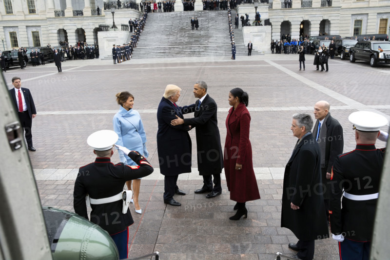 Former U.S. President Barack Obama and former U.S. First Lady Michelle Obama bid farewell to U.S. President Donald Trump and U.S. First Lady Melania Trump at the steps of the Executive One helicopter after swearing-in ceremony at the U.S. Capitol, Washington, D.C., USA, Pete Souza, Office of White House Photography, January 20, 2017