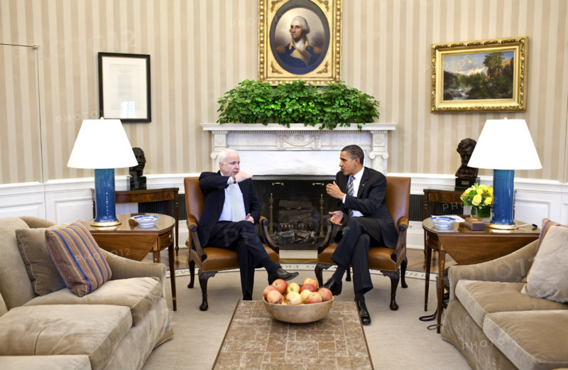 U.S. President Barack Obama meeting with U.S. Senator John McCain, R-Ariz., in the White House Oval Office, Washington, D.C., USA, Pete Souza, Office of White House Photography, February 2, 2011