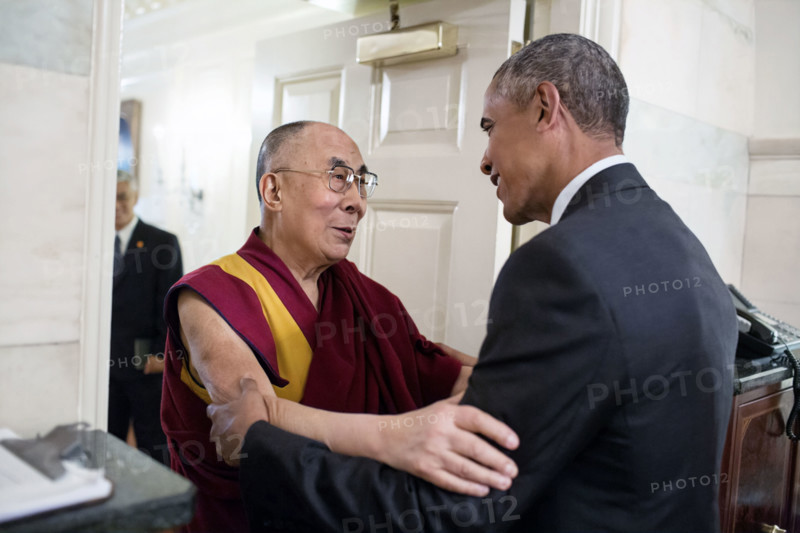 U.S. President Barack Obama greeting His Holiness the Dalai Lama prior to their meeting in the White House Map Room, Washington, D.C., USA,  Pete Souza, Office of White House Photography, June 15, 2016