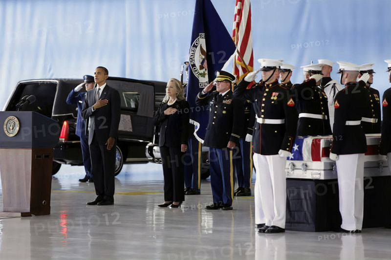 U.S. President Barack Obama and U.S. Secretary of State Hillary Rodham Clinton attending the dignified transfer Benghazi Victims, Joint Base Andrews, Maryland, USA, Pete Souza, Office of White House Photography, September 14, 2012