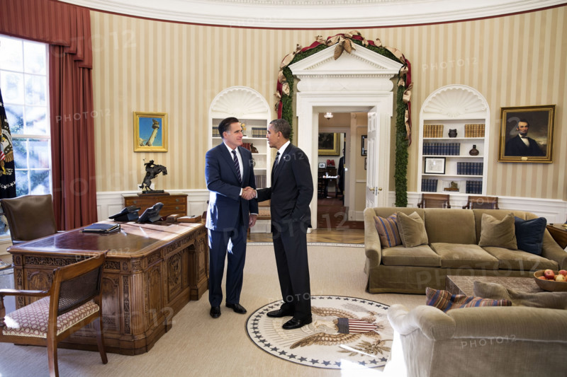 U.S. President shaking hands with former Massachusetts governor Mitt Romney following their lunch, White House Oval Office, Washington, D.C., USA, Pete Souza, Office of White House Photography, November 29, 2012