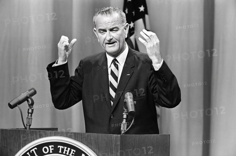 U.S. Vice President Lyndon B. Johnson speaking during press conference at U.S. State Department auditorium, Washington, D.C., USA, Thomas J. O'Halloran, U.S. News & World Report Magazine Photograph Collection, May 24, 1961