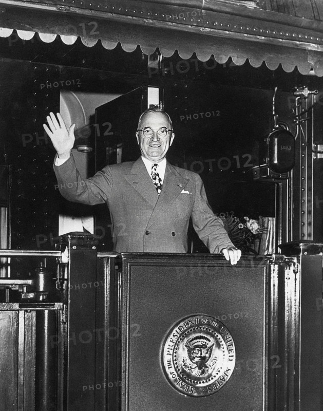 U.S. President Harry S. Truman waving from rear platform of train as he begins his 1948 Presidential Campaign tour, Washington, D.C., USA, Abbie Rowe, National Parks Service, Harry S. Truman Library, June 3, 1948