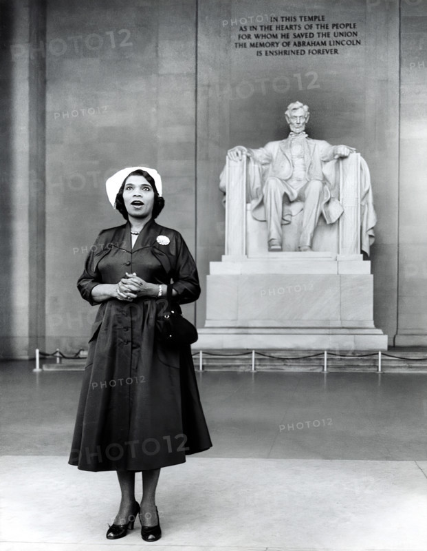 American singer Marian Anderson in front of Lincoln Memorial during memorial service held in honor of former U.S. Secretary of the Interior Harold Ickes, Washington, D.C., USA, Abbie Rowe, National Parks Service, Harry S. Truman Library, April 20, 1952