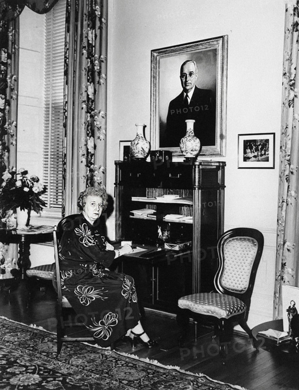 U.S. First Lady Bess Truman seated at her secretary-type desk in Truman living quarters at the White House, Washington, D.C., USA, Abbie Rowe, National Parks Service, Harry S. Truman Library, May 19, 1948
